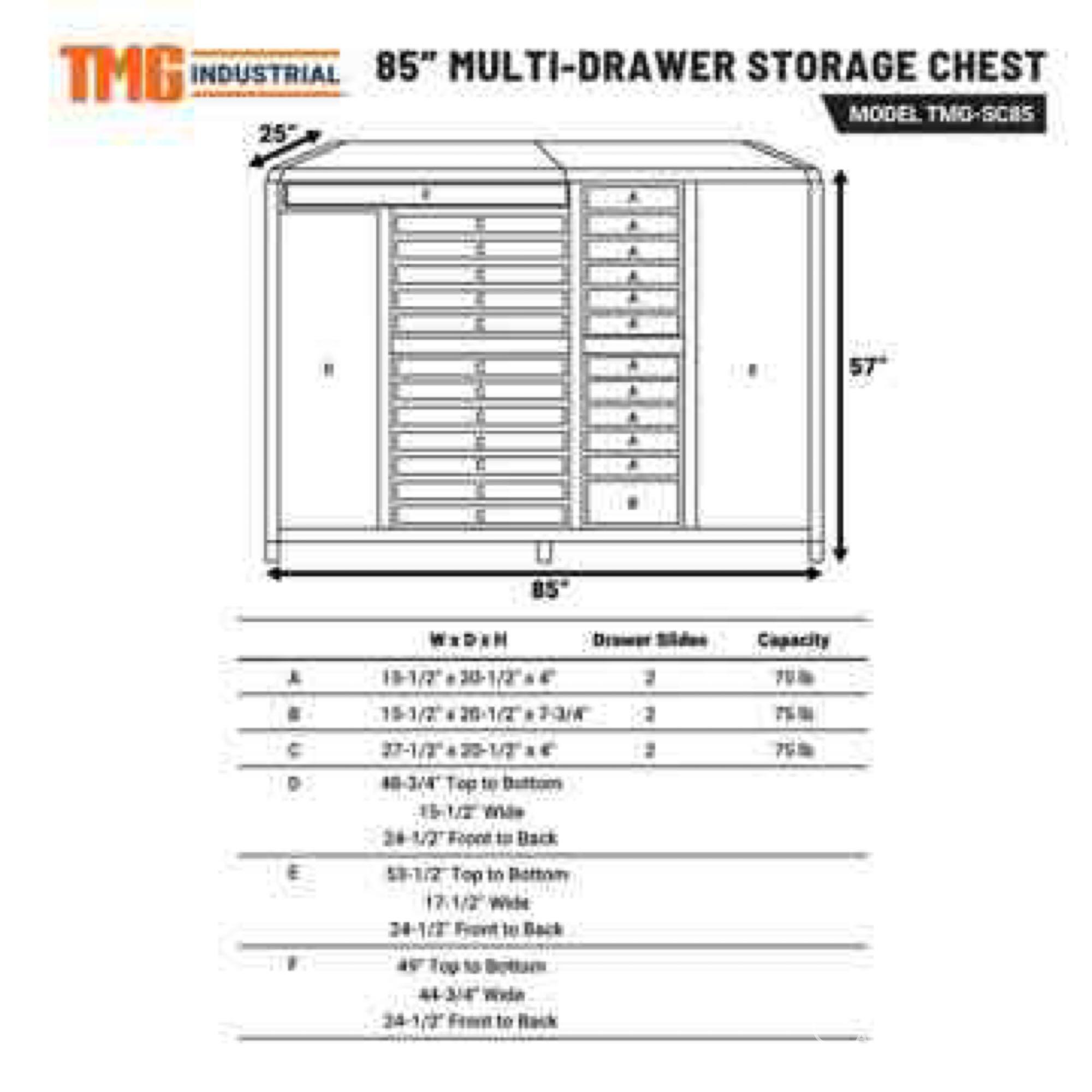 Unused TMG Industrial 85in Multi Drawer Tool Storage Chest [YARD 2]