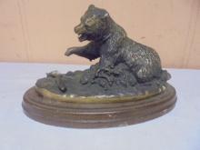 Metal Bear Figurine on Wood Base