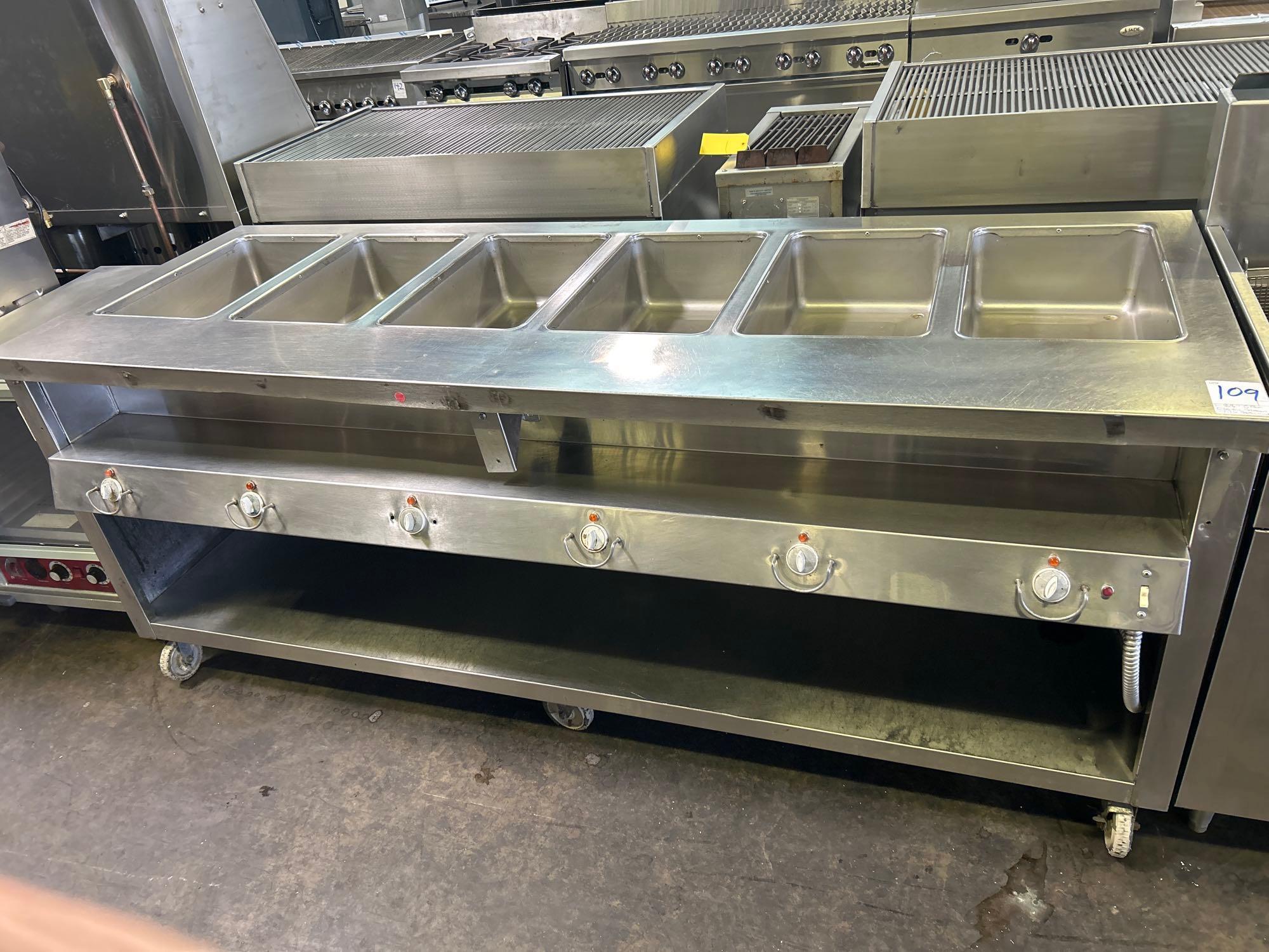 88 in. 6 Pan Electric Steam Table on Casters As Is.
