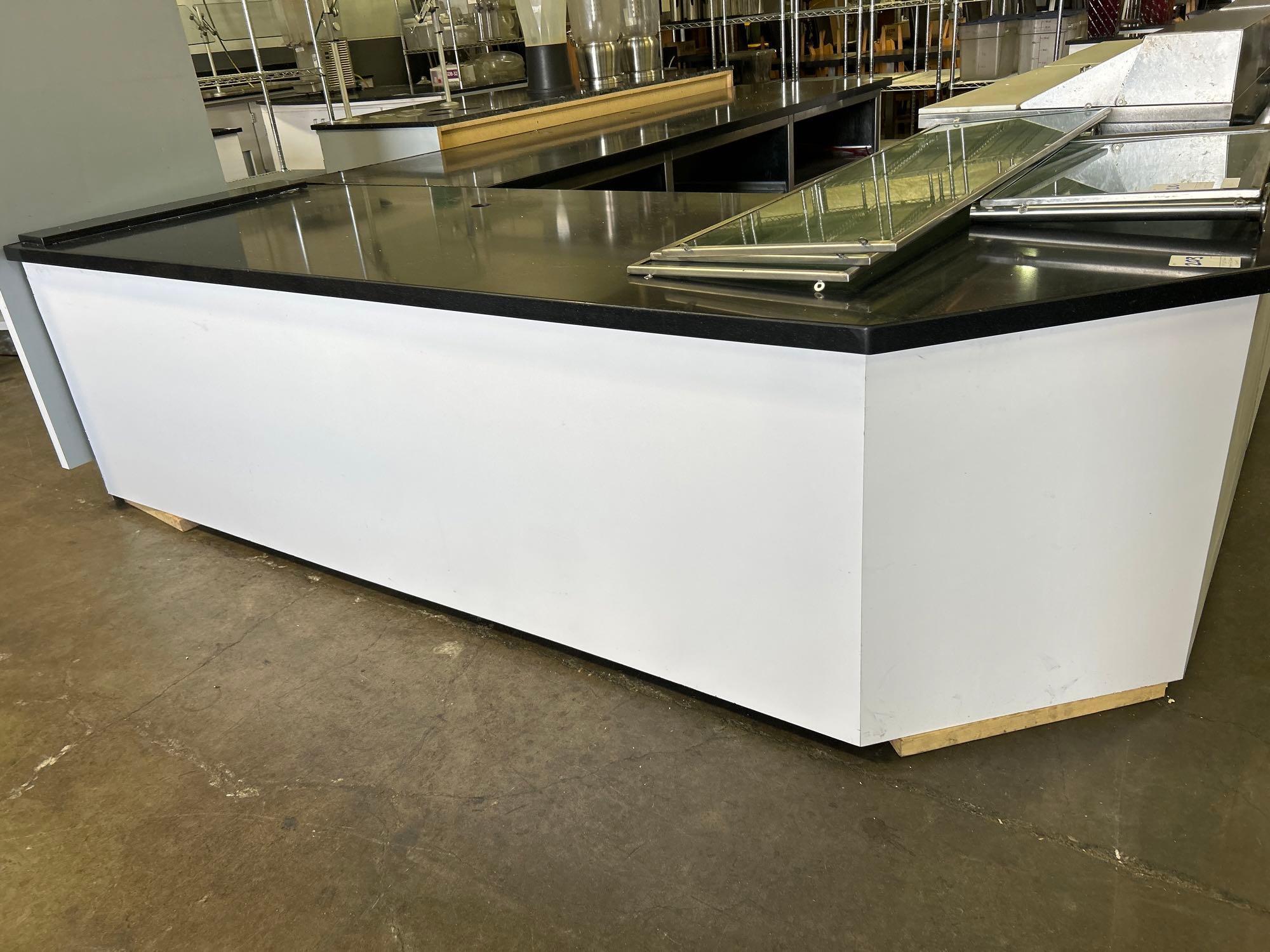 114 in. x 60 in. Black Stone Top L Shaped Counter with Stainless Steel Interior