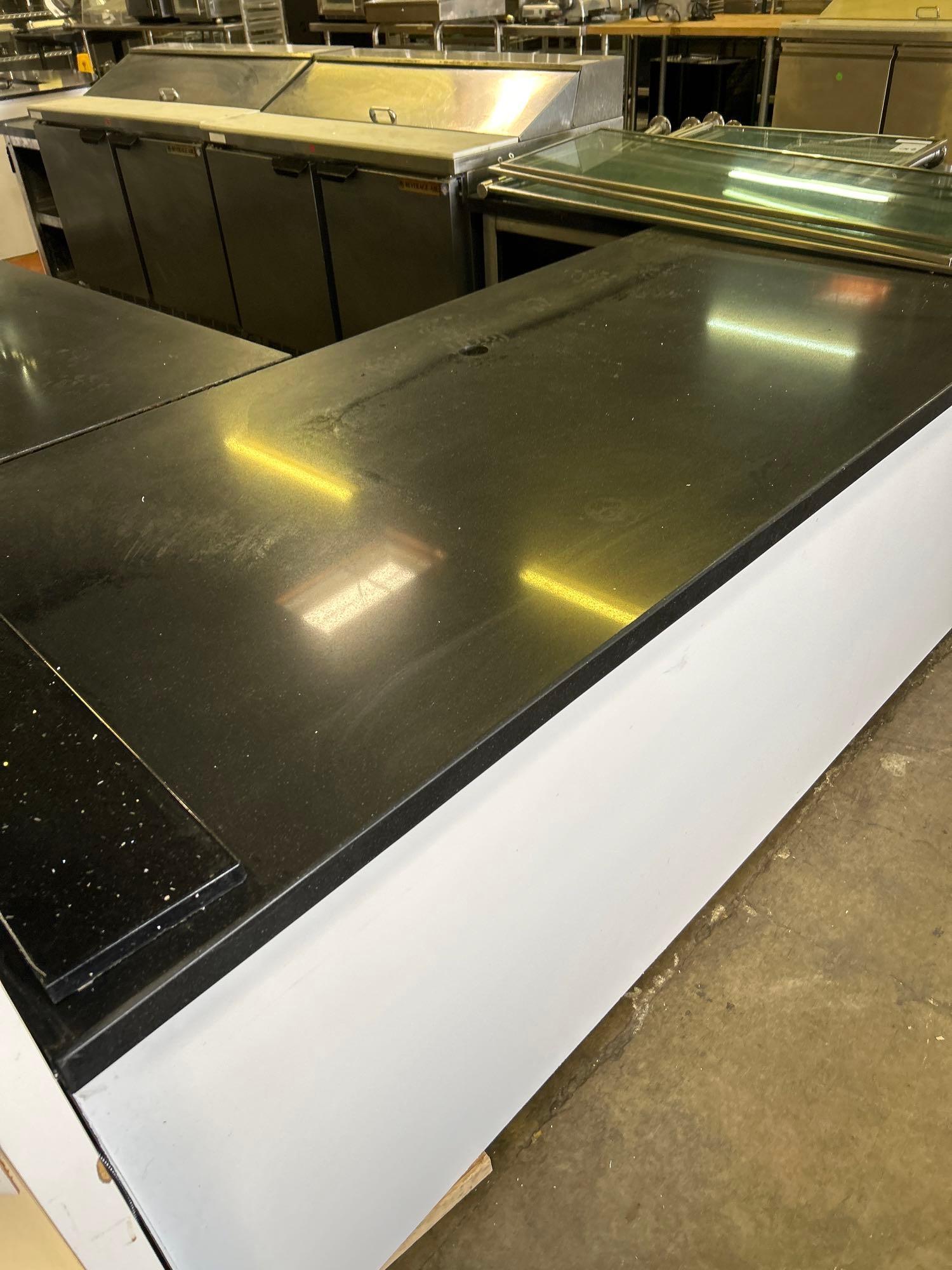 114 in. x 60 in. Black Stone Top L Shaped Counter with Stainless Steel Interior