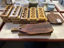Lot of All Wood Pint Holders and Serving Platters on This Table