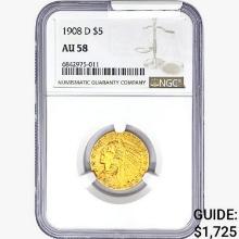 1908-D $5 Gold Half Eagle NGC AU58