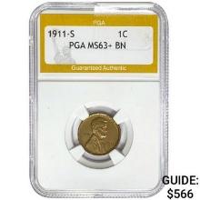 1911-S Wheat Cent PGA MS63+ BN