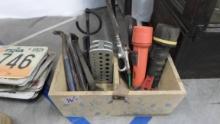 tool lot, mix of hand tools and flash lights in a wooden box