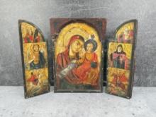 Antique Greek Russian Orthodox Triptych Icon