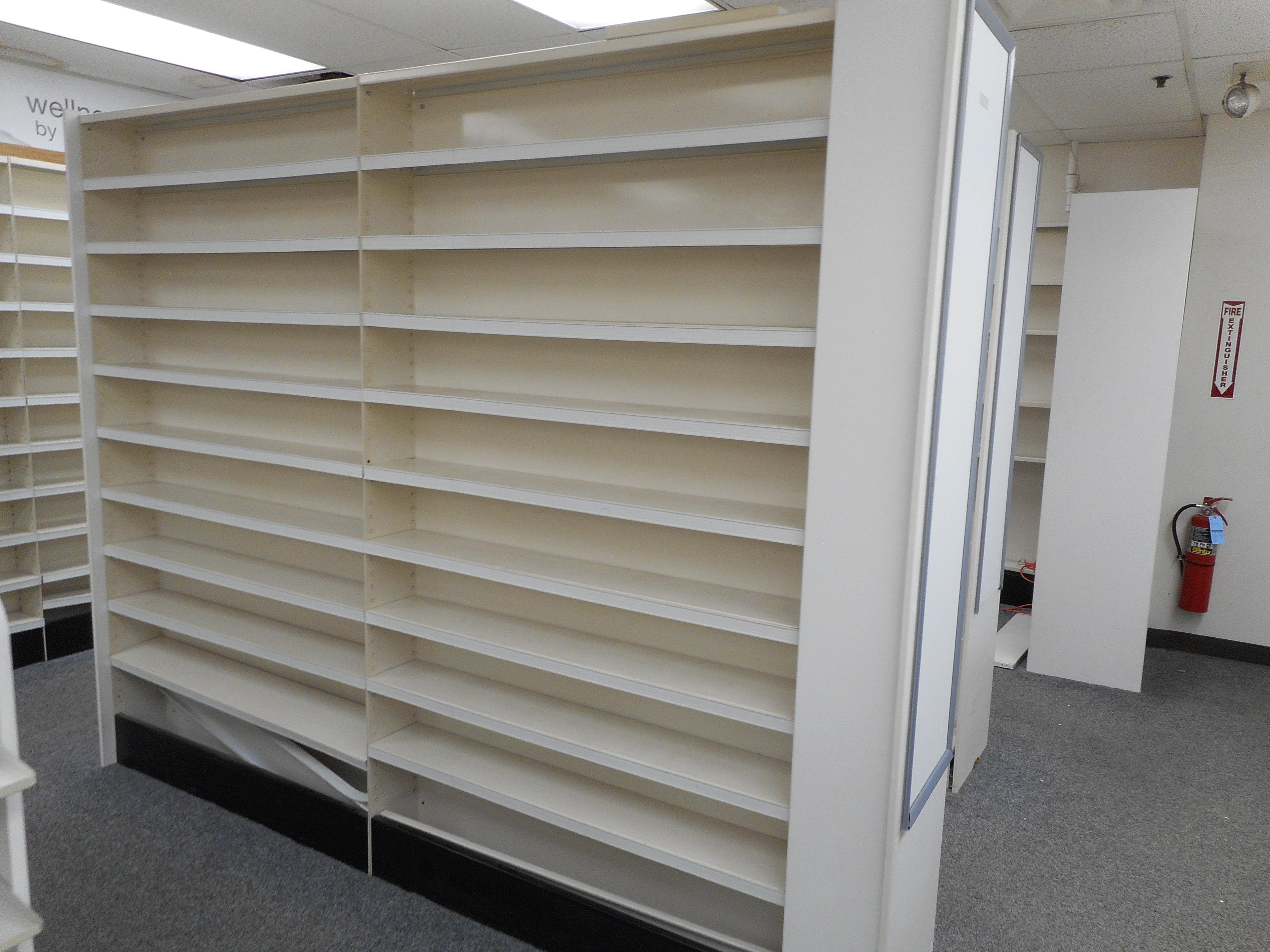ALL PHARMACY SHELVING 8-2 SIDED SECTIONS AND 12 WALL SECTIONS