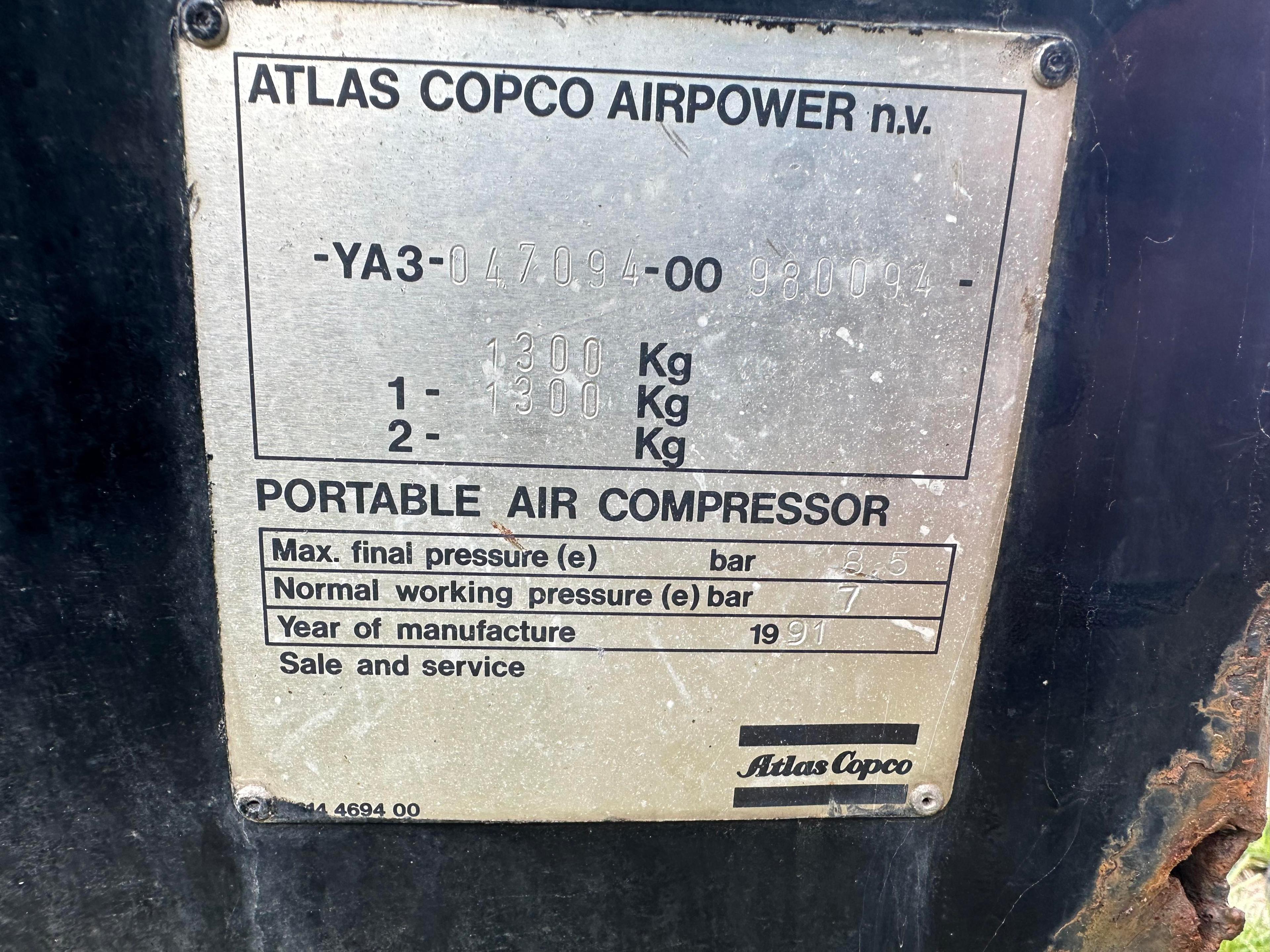 1991 Atlas Pintle Hitch Portable Air Compressor
