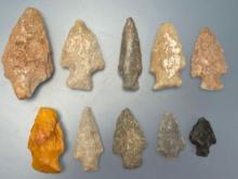 10 Various Points, Jasper, Quartzite, Chert, Longest is 2 1/2" Found in Northampton Co., PA by the B
