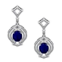 6.20 Ctw VS/SI1 Blue Sapphire And Diamond 14K White Gold Dangling Earrings (ALL DIAMOND ARE LAB GROW