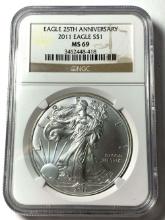 2011 American Silver Eagle NGC MS69 Eagle 25th Anniversary