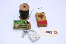 New in Box-Master Padlock, Sewing Spool with cord, Advertising box Clinton Genuine Parts Box