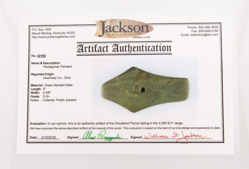 Rare 5" Banded Slate, Pentagonal Pendant. *Jackson COA*.