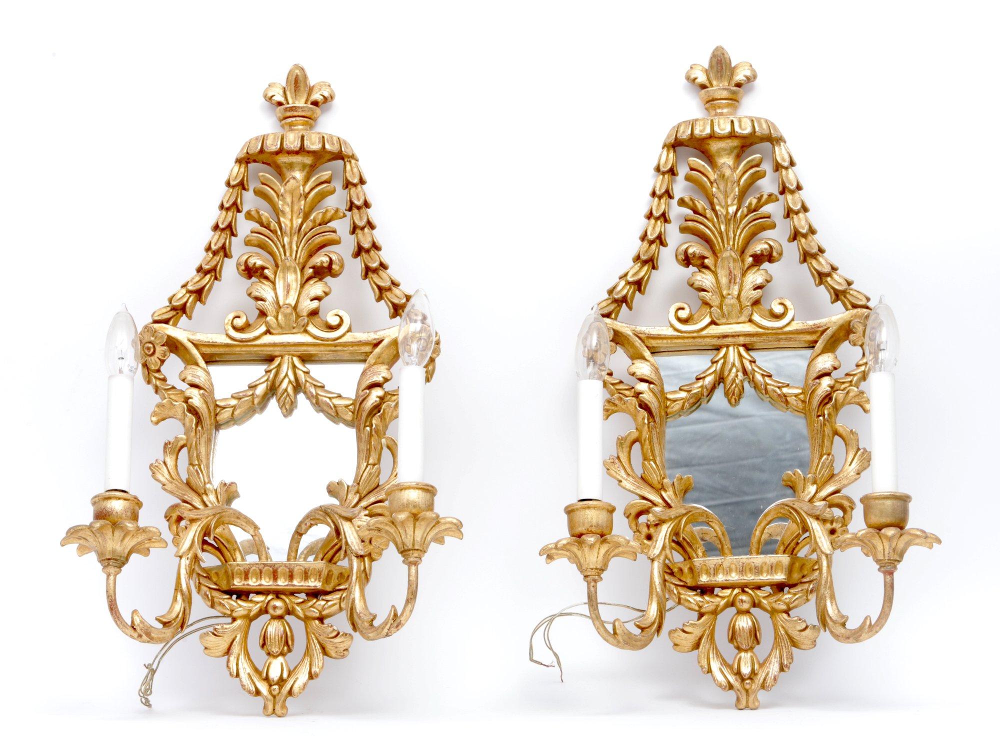 Pair Of Gold Painted Wood/mirror Wall Sconce Lamps