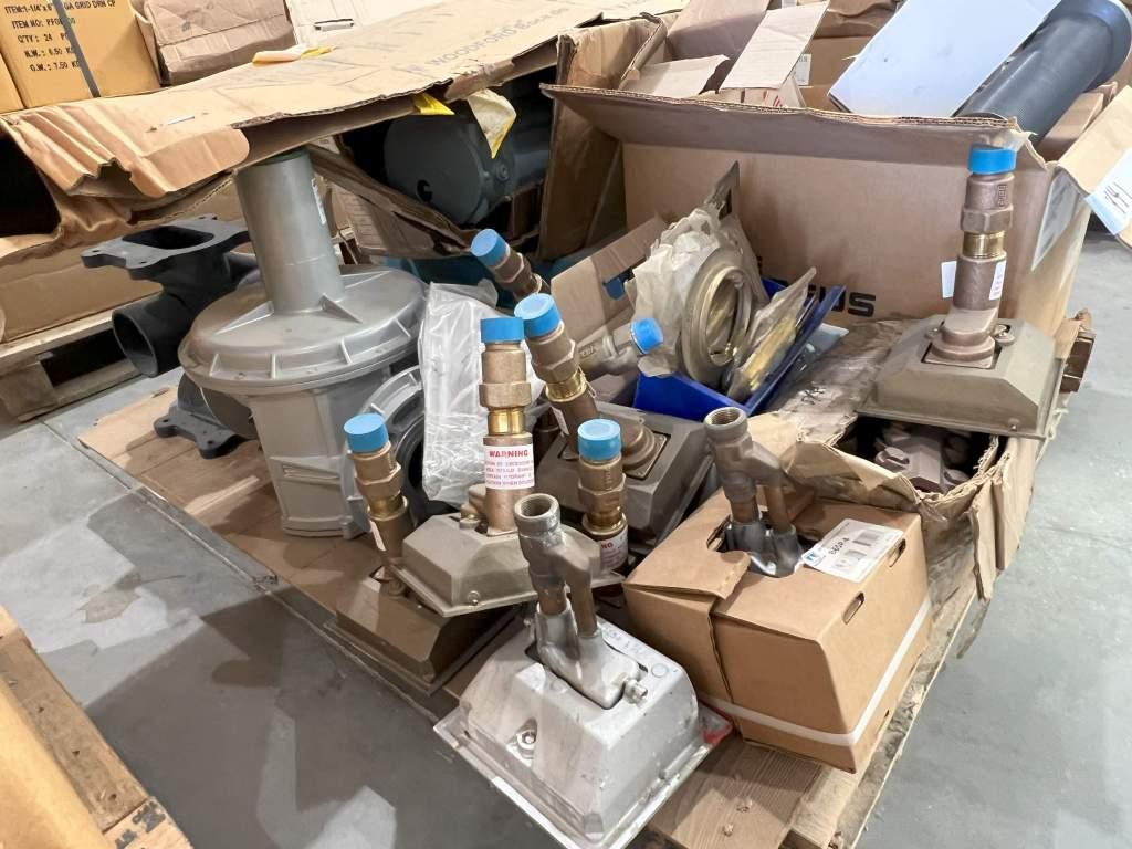 PALLET OF ASSORTED PLUMBING AND ELECTRICAL PARTS INCLUDING WATER HYDRANT CONNECTIONS; GROUND CLAMPS;