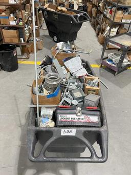 RUBBERMAID TRASH CART WITH ASSORTED ELECTRICAL PARTS