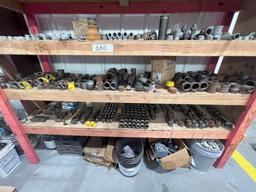 WOODEN SHELF WITH IRON PIPE FITTINGS AND PALLET OF BEAM CLAMPS