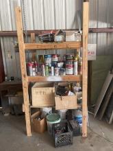 WOODEN SHELF WITH MISCELLANEOUS PAINT AND OTHER PRODUCTS