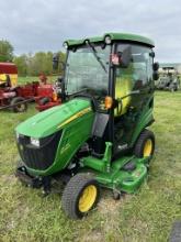 JOHN DEERE 1025R TRACTOR, CAB, HEAT/AC, 4WD, YANMAR 1.267L DIESEL, 3PT, PTO, 2 MIDDLE HYDRAULIC OUTLETS, LOADER READY, HI-LOW HYDROSTAT TRANS, AUTO-CONNECT 60D 60'' MOWER DECK, TURF TIRES, 285/60-12 REAR TIRES, 215/50-10 FRONT TIRES, 290 HOURS SHOWING, S/N: 1LV1025RCKK400103