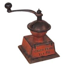 Coffee Mill, Grand Union Tea Co., cast iron w/orig wood base & red paint, h