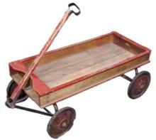 Child's Coaster Wagon, wood base & sides w/rubber-tired steel wheels, Good+