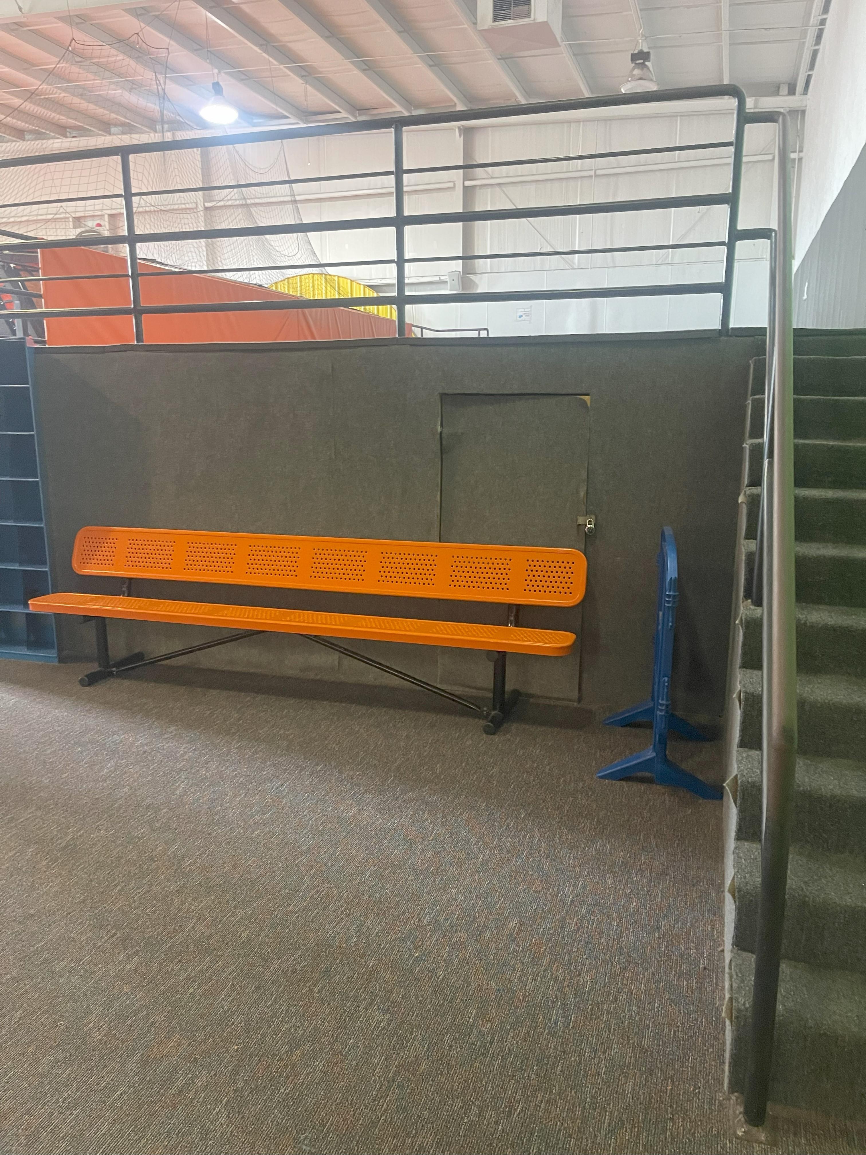 (2) orange steel benches with backs
