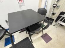 black pedestal tablea and 2 chairs