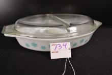 Pyrex Turquoise Snowflake on White Divided Dish w/Lid; Mfg. 1958-1963