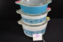 Pyrex New Horizon Bake, Serve, and Store Set including Nos. 471, 472, and 473 w/Lids; Mfg. 1969-1972