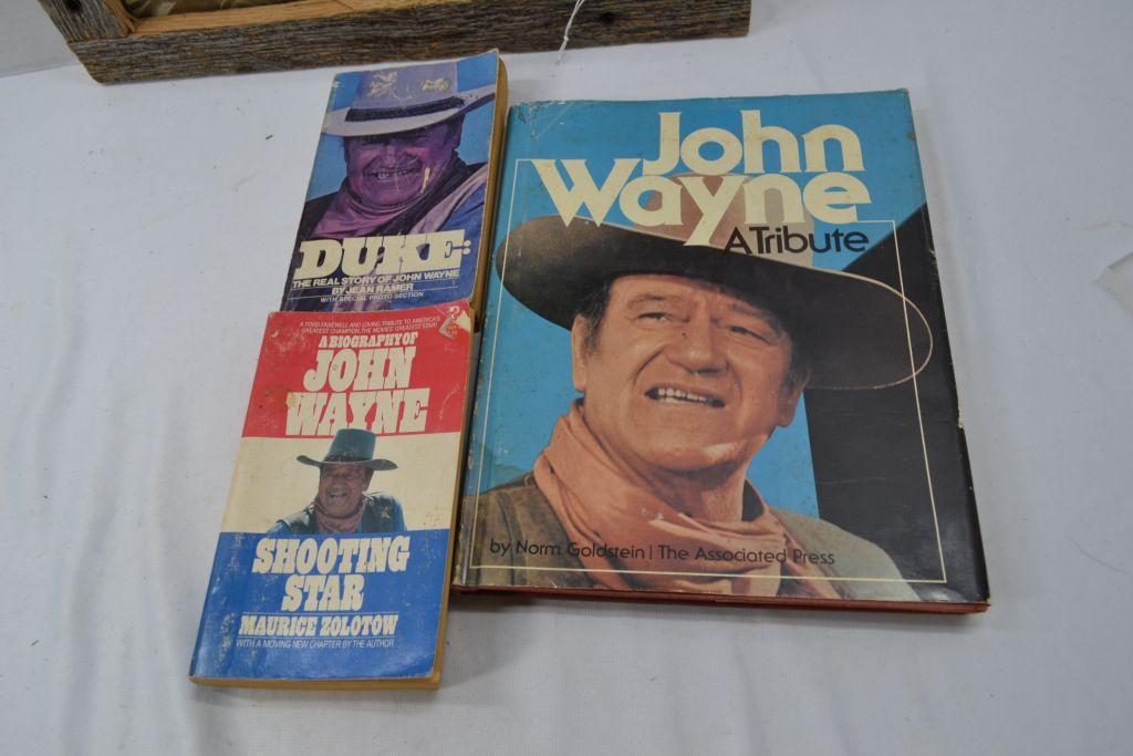 Group of John Wayne Photograph and Books; 16-1/2"x 16-3/4" Wood Frame