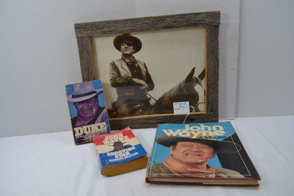 Group of John Wayne Photograph and Books; 16-1/2"x 16-3/4" Wood Frame