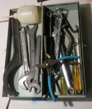Tool box with adjustable wrenches, assorted tools, spanner wrench