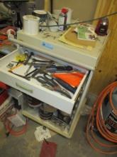 ROLLING TOOL BOX WITH WORK TOP-ASST TOOLS/ADHESIVES/PAINTS-BUYER TAKES ALL