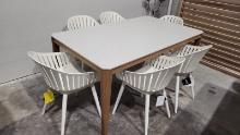 BRAND NEW 67â€� x 40â€� Hard Wood Dining Table with Polypropylene All weather Top and (6) Recycled R