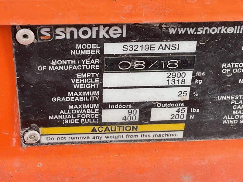 2018 Snorkel S3219E Scissor Lift