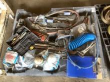 PALLET OF, HAND TOOLS, AIR GUAGES, AIR HOSE, LIGHTS