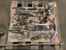 A PALLET OF, PIPE WRENCHES, WRENCHES, PIPE CLAMP, FLARING TOOL,