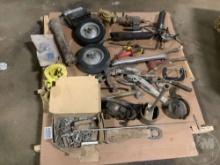 A PALLET WITH, GREASE GUNS, PUMP, SOLID WHEELS, TORCH HEAD,
