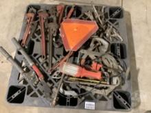 A PALLET OF, JAW PULLERS, PULLEY PULLERS, PIPE WRENCHES, TUBING