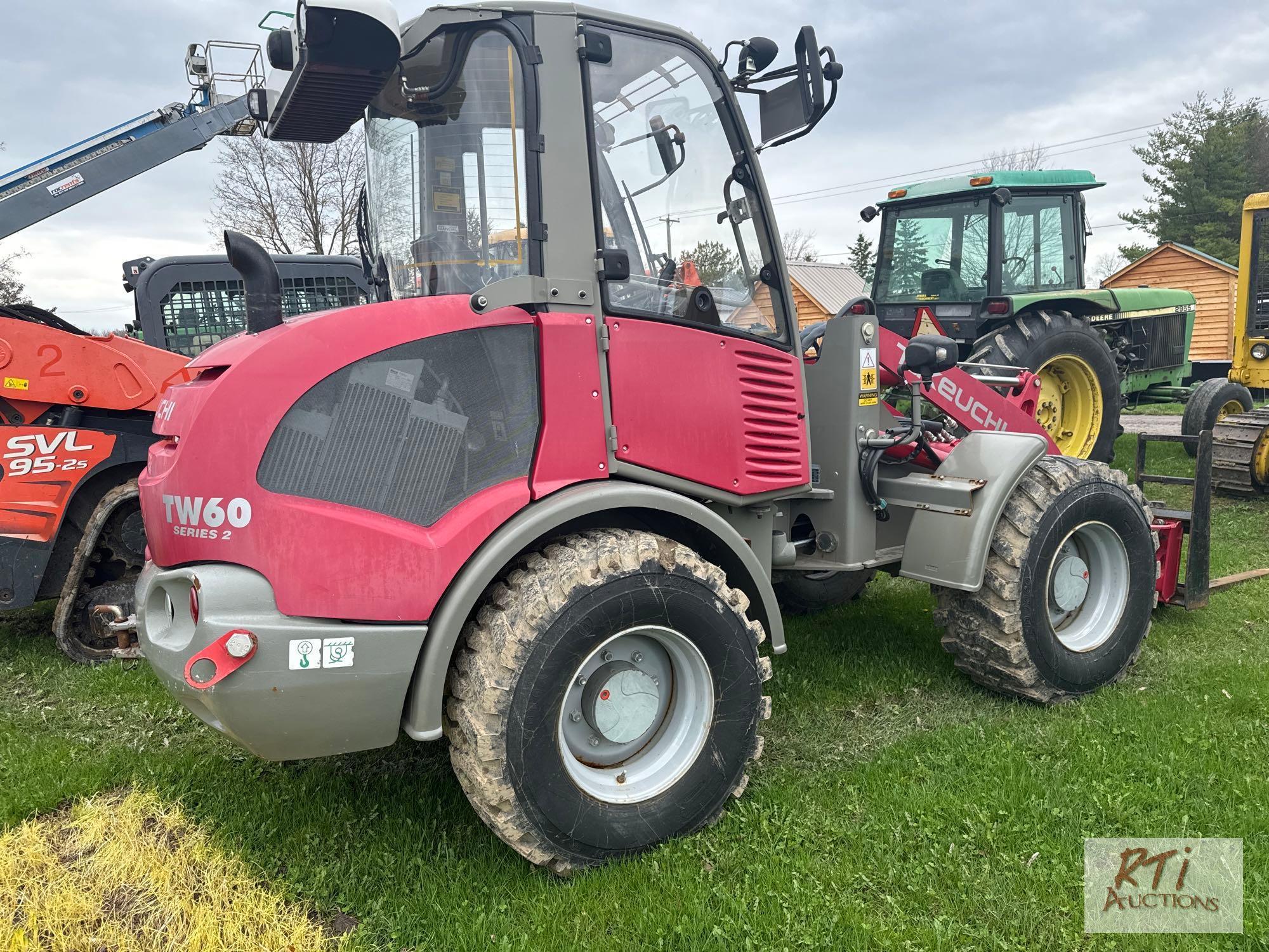 Takeuchi TW60 series 2 mini wheel loader, hydraulic quick coupler, 48in forks, cab, heat, A/C, 640