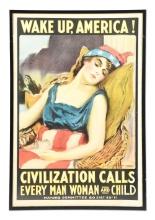 US WWI JAMES MONTGOMERY FLAGG WAKE UP AMERICA RECRUITMENT POSTER.