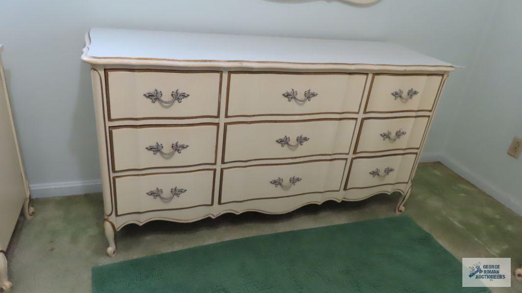 French Provincial dresser with mirror and five drawer chest by Dixie