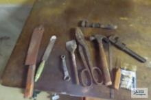 vintage tools including monkey wrenches, tin snips, hammer, ice pick, etc