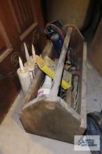 wooden toolbox with assorted tools and etc
