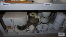Proctor-Silex coffee maker, Mrs. Tea maker, coffee pots, mugs