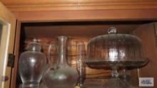 Shelf lot of glassware, including cake plate...and vases