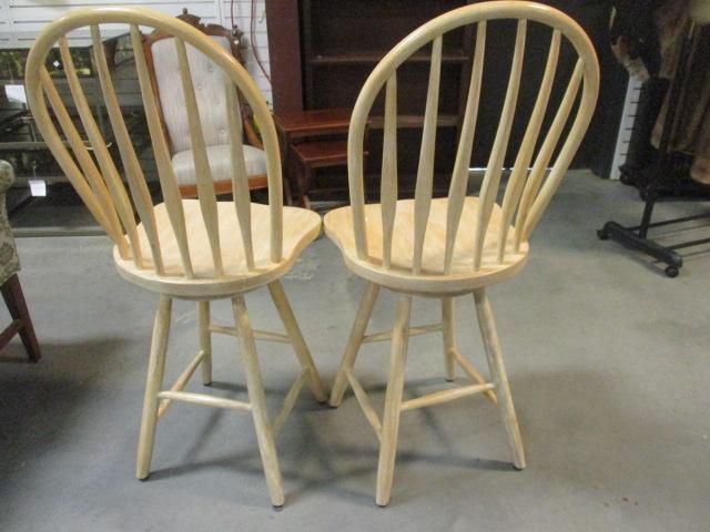Pair of White Washed Swiveling Spindle Back Bar Chairs