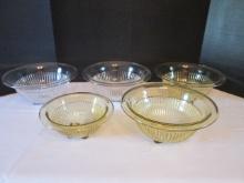 Five Vintage Clear and Yellow/Amber Glass Mixing Bowls