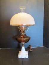 Electric Turn Key Amber Font Lamp with Milk Glass Post and Shade