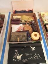 Ladies Grouping-Hand Fans, Vintage Gloves in Glove Box, Lacquered Jewelry Box,